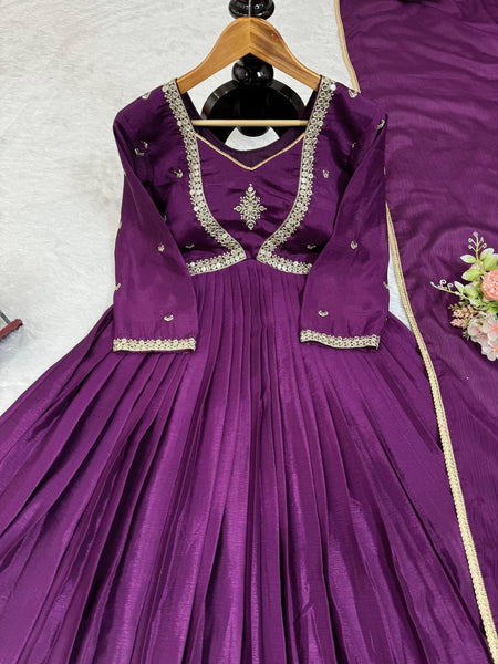 Beautiful Chinon Silk Sequence Work Gown Dupatta