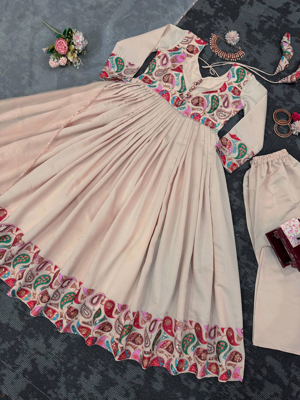 Amazing Beige Color Roman Silk Sequence Work Anarkali Suit