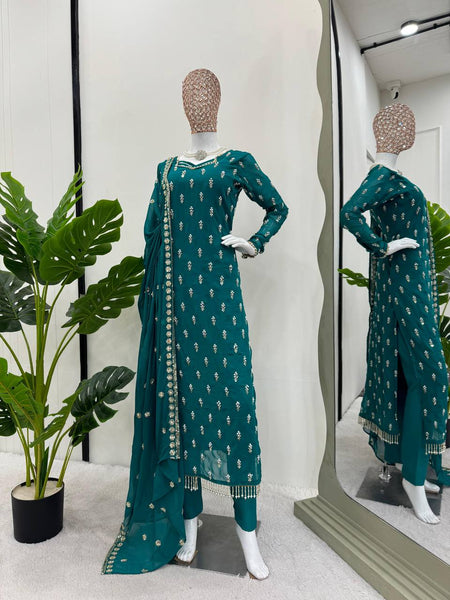 Pretty Georgette Rivet Moti Thread Work Ready Made Salwar Suit