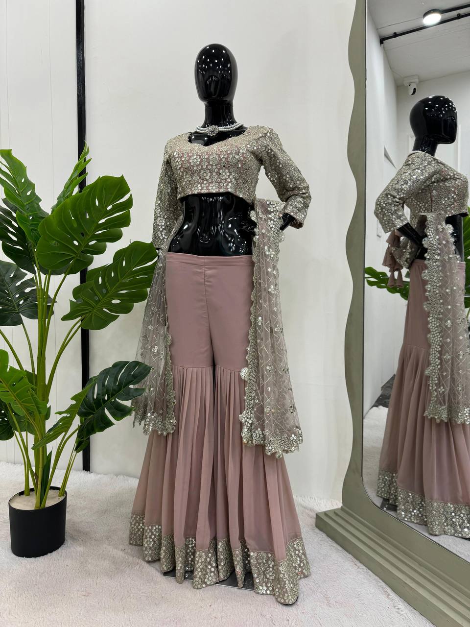 English Color Georgette Sequence Thread Work Indo Western Suit