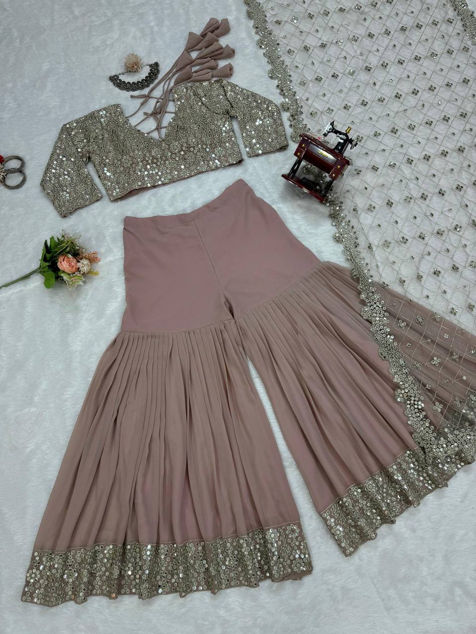 English Color Georgette Sequence Thread Work Indo Western Suit