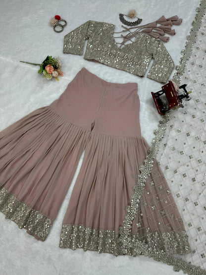 English Color Georgette Sequence Thread Work Indo Western Suit