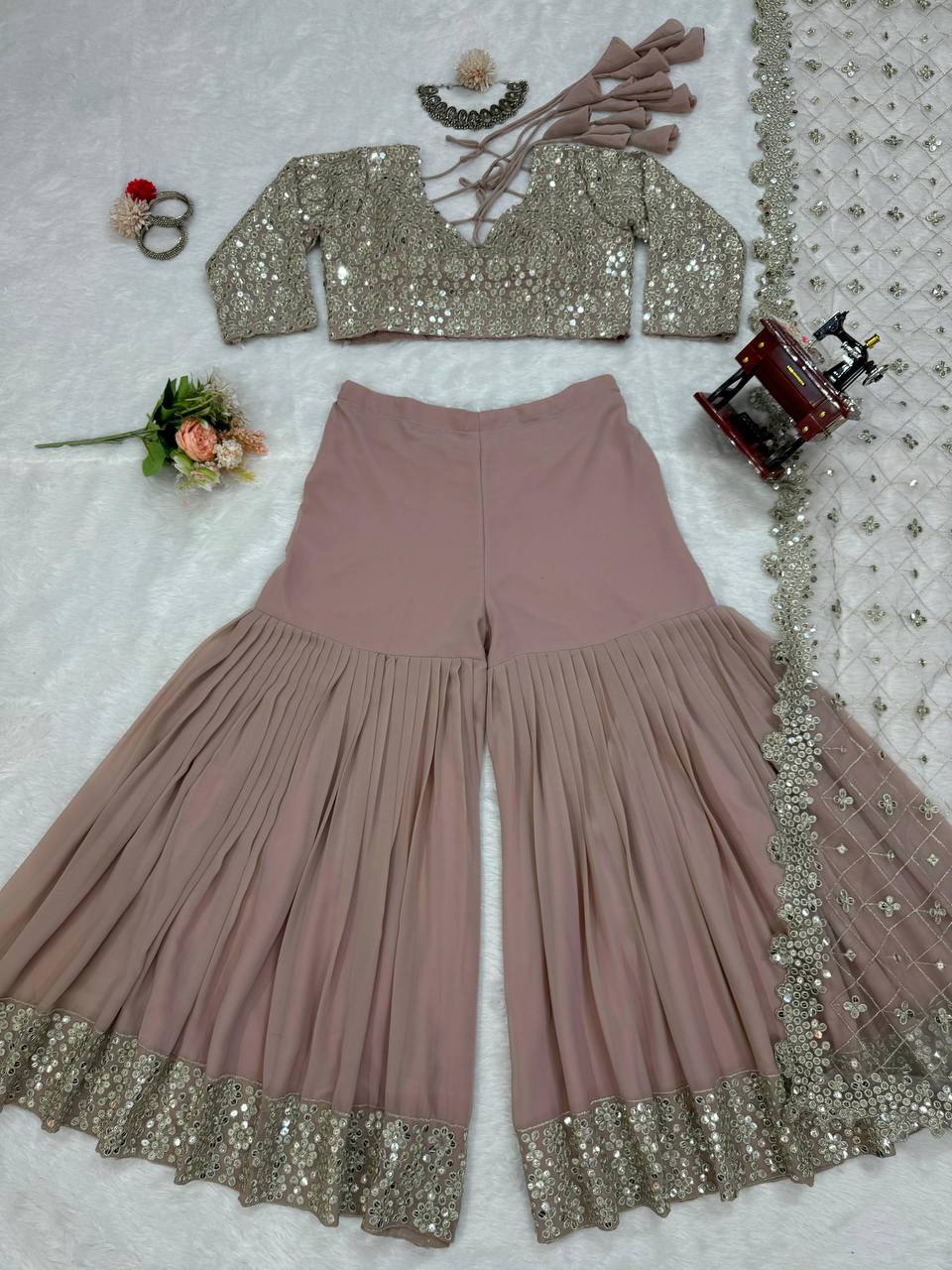English Color Georgette Sequence Thread Work Indo Western Suit