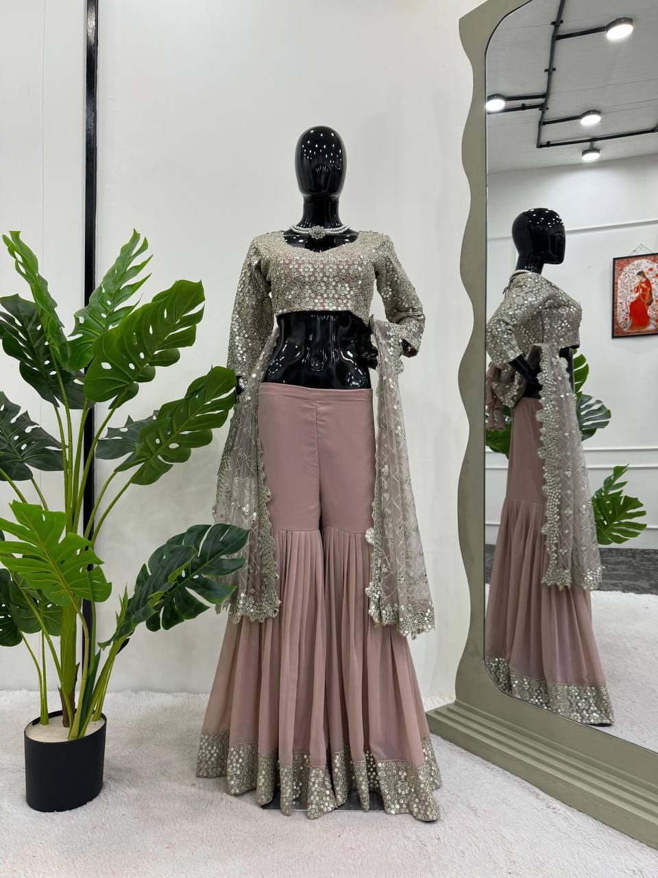 English Color Georgette Sequence Thread Work Indo Western Suit
