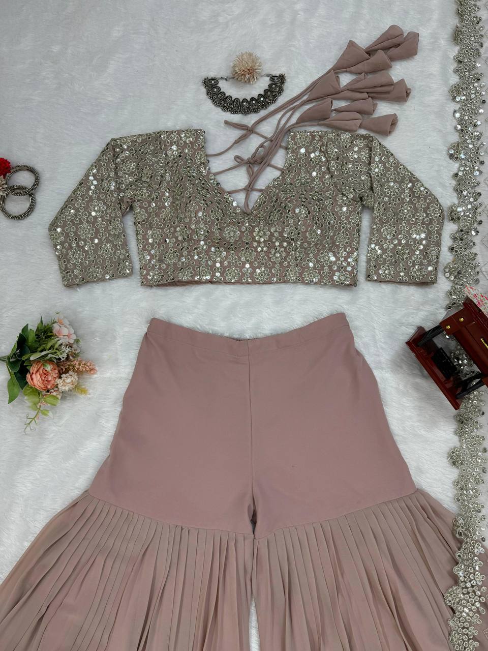 English Color Georgette Sequence Thread Work Indo Western Suit