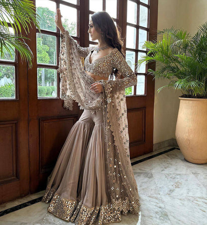 English Color Georgette Sequence Thread Work Indo Western Suit
