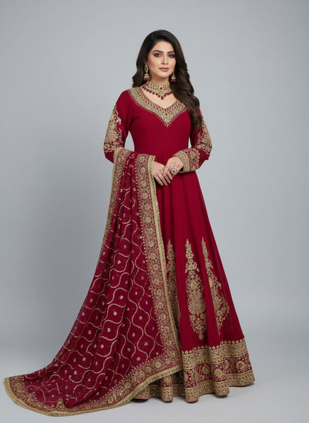 Faux Georgette Embroidered Anarkali Set with Pant & Dupatta