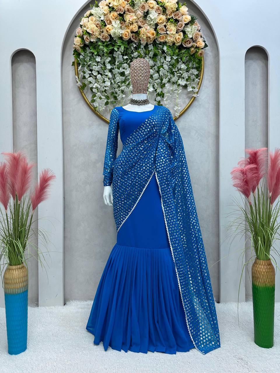 Classic Blue Color Georgette Thread Sequence Work Lehenga Saree