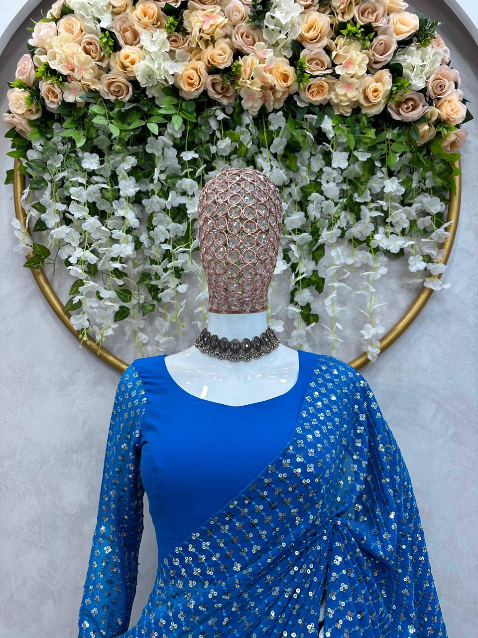 Classic Blue Color Georgette Thread Sequence Work Lehenga Saree