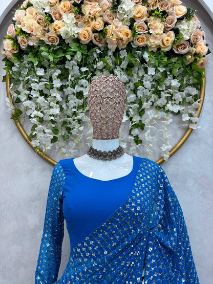 Classic Blue Color Georgette Thread Sequence Work Lehenga Saree