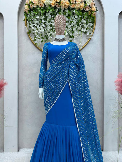 Classic Blue Color Georgette Thread Sequence Work Lehenga Saree