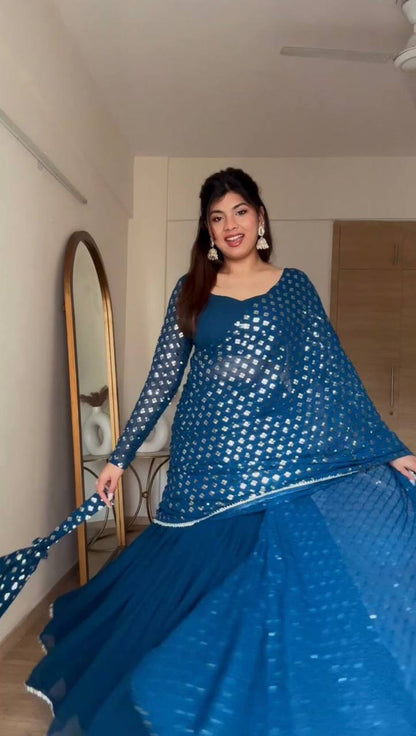 Classic Blue Color Georgette Thread Sequence Work Lehenga Saree