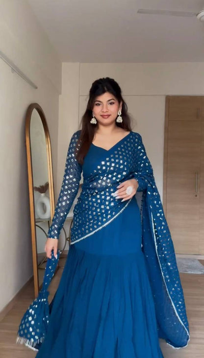 Classic Blue Color Georgette Thread Sequence Work Lehenga Saree