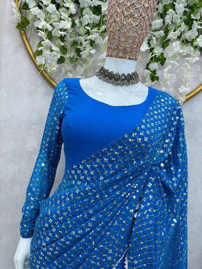 Classic Blue Color Georgette Thread Sequence Work Lehenga Saree