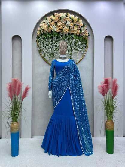 Classic Blue Color Georgette Thread Sequence Work Lehenga Saree