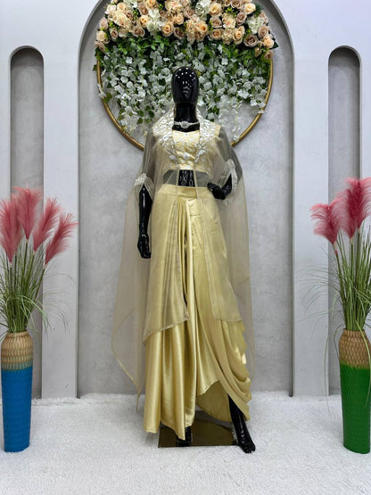 Latest Cream Color Japan Satin Sequence Thread Work Indo Western