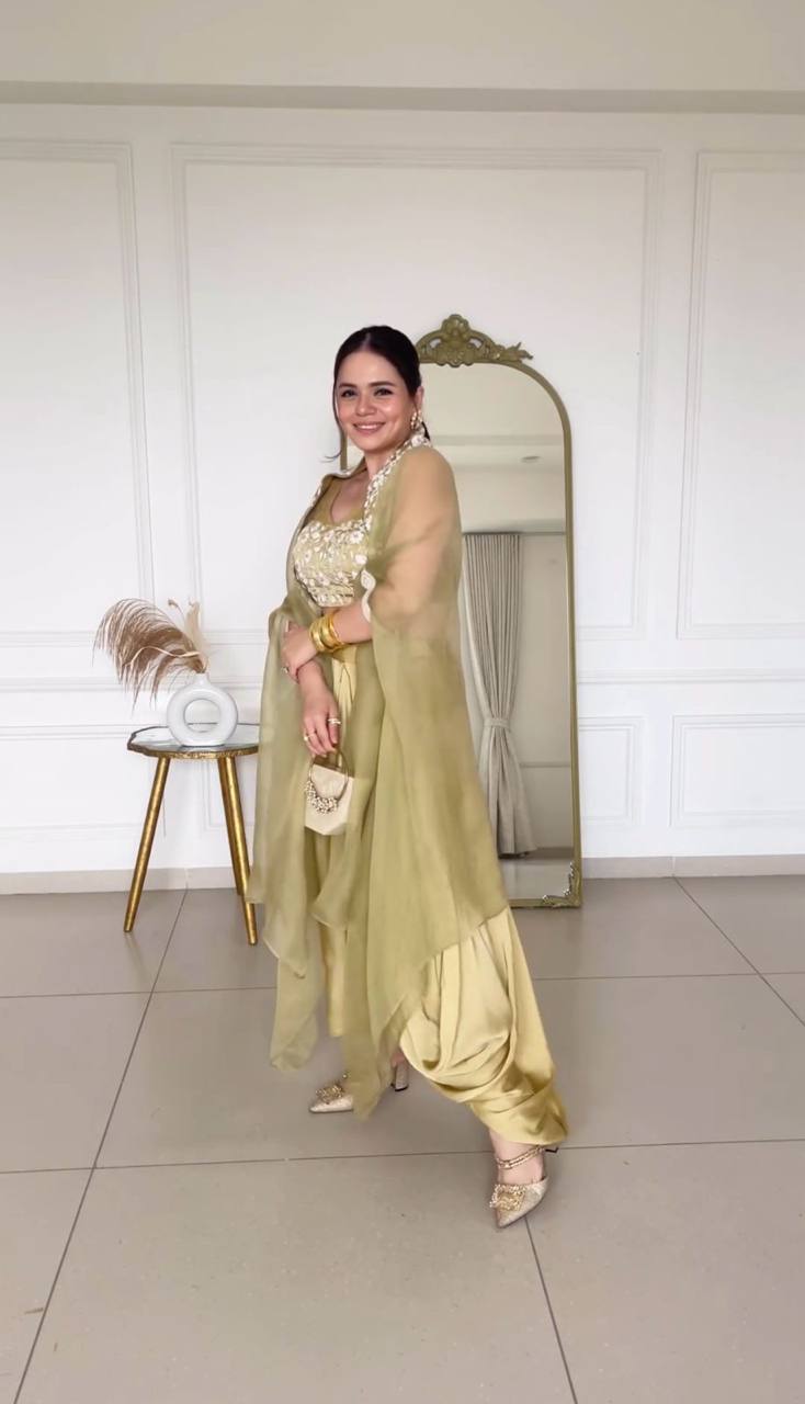 Latest Cream Color Japan Satin Sequence Thread Work Indo Western