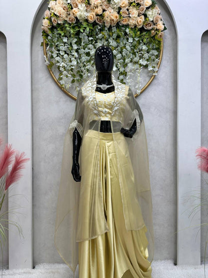 Latest Cream Color Japan Satin Sequence Thread Work Indo Western