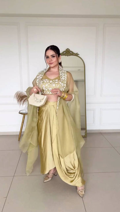 Latest Cream Color Japan Satin Sequence Thread Work Indo Western