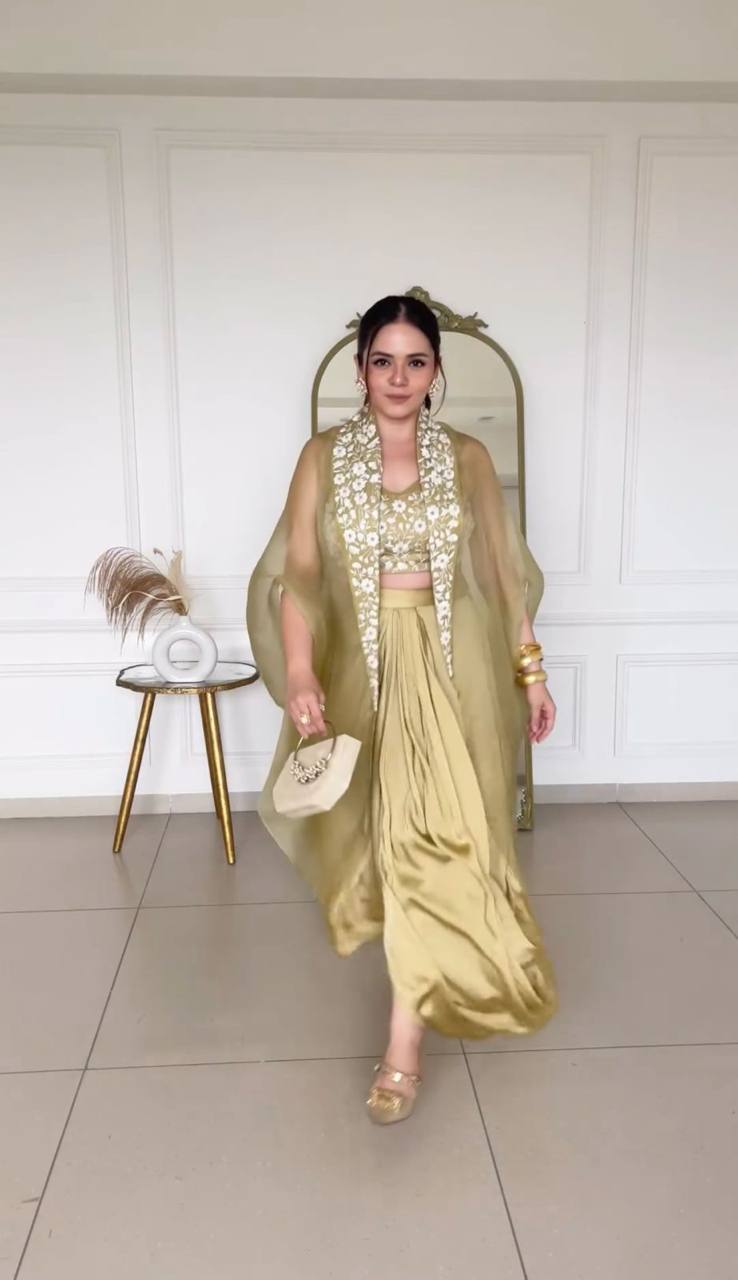 Latest Cream Color Japan Satin Sequence Thread Work Indo Western