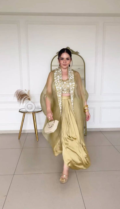 Latest Cream Color Japan Satin Sequence Thread Work Indo Western