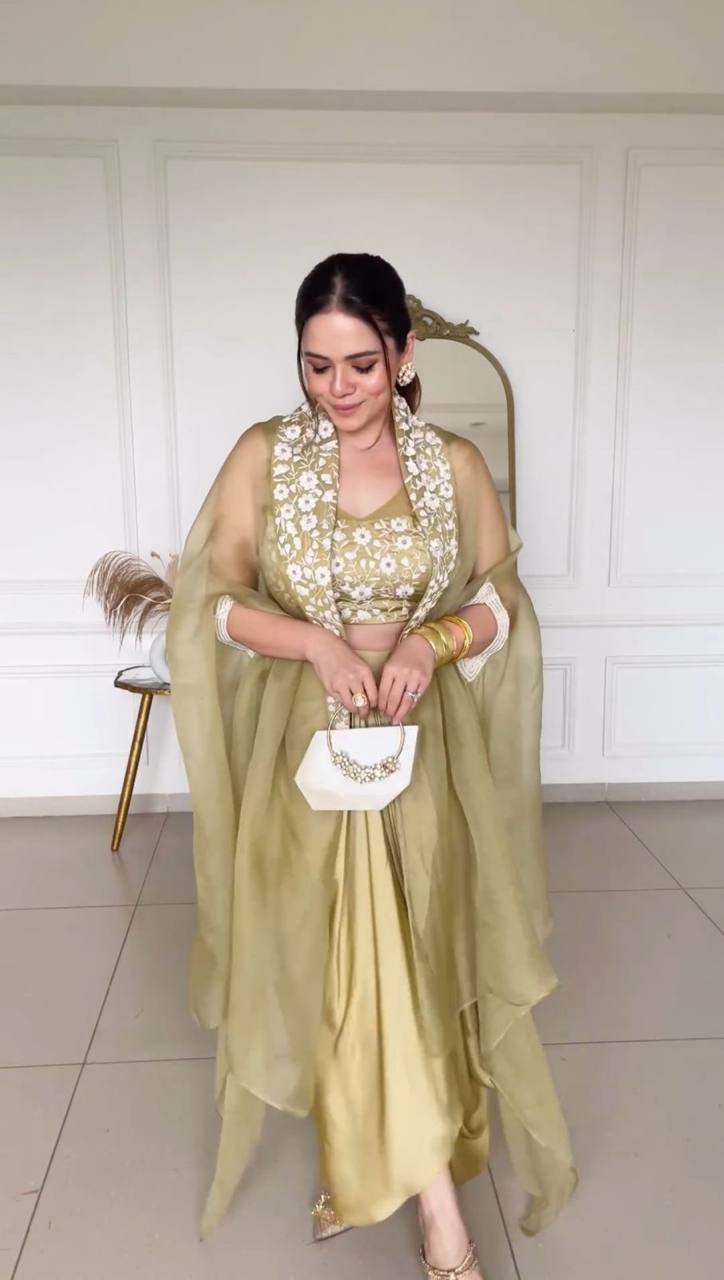 Latest Cream Color Japan Satin Sequence Thread Work Indo Western