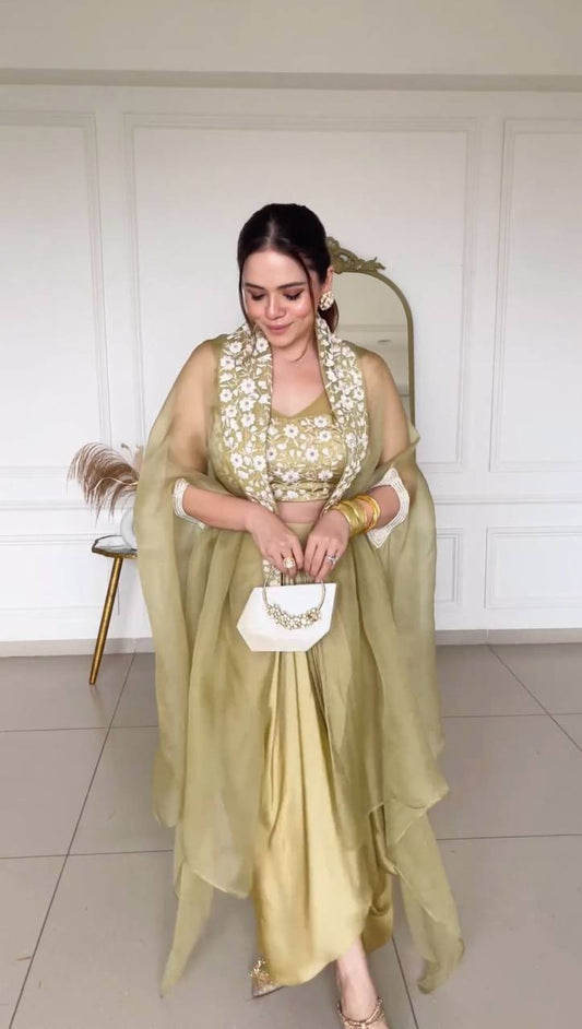 Latest Cream Color Japan Satin Sequence Thread Work Indo Western