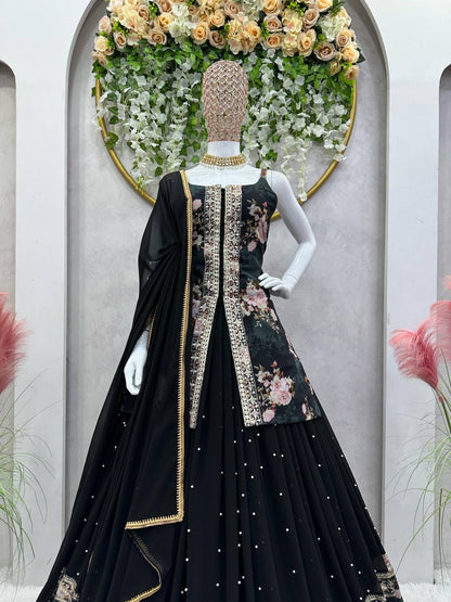 Party Wear Georgette Sequence Thread Work Indo Western Lehenga Suit