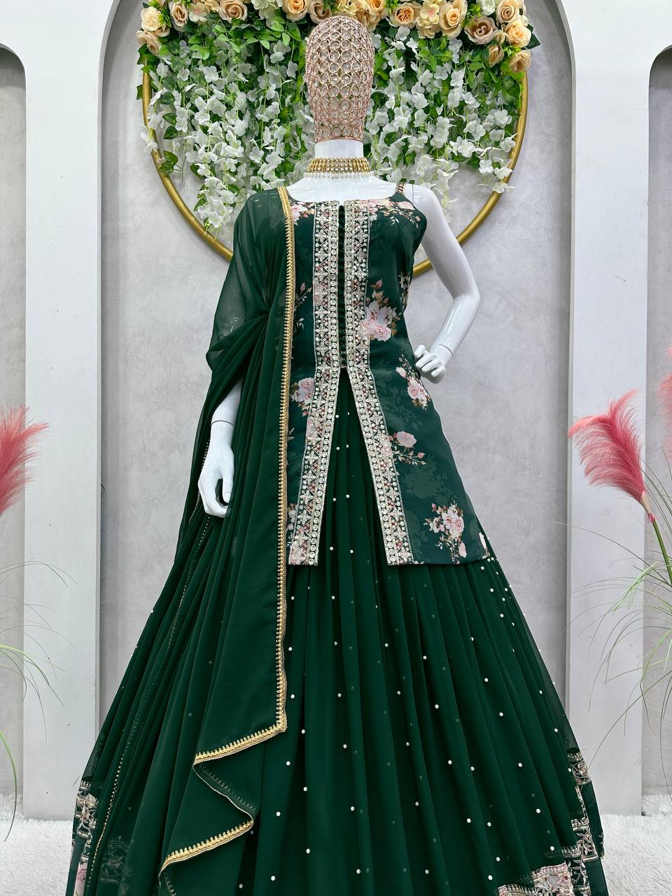 Party Wear Georgette Sequence Thread Work Indo Western Lehenga Suit
