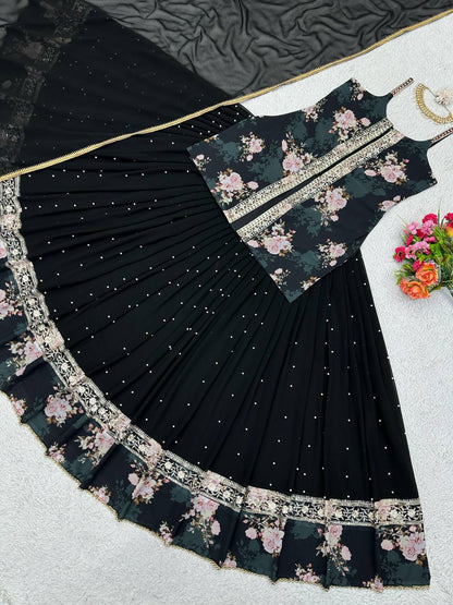 Party Wear Georgette Sequence Thread Work Indo Western Lehenga Suit