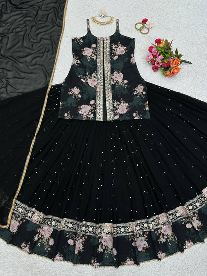 Party Wear Georgette Sequence Thread Work Indo Western Lehenga Suit