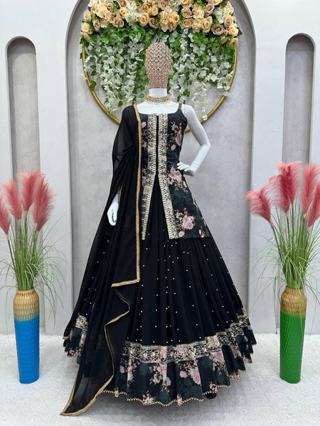 Party Wear Georgette Sequence Thread Work Indo Western Lehenga Suit