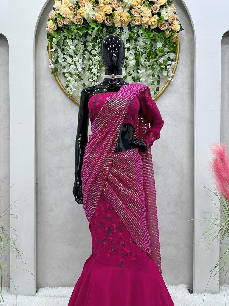 Wedding Wear Wine Color Georgette Sequence Thread Work Lehenga Saree