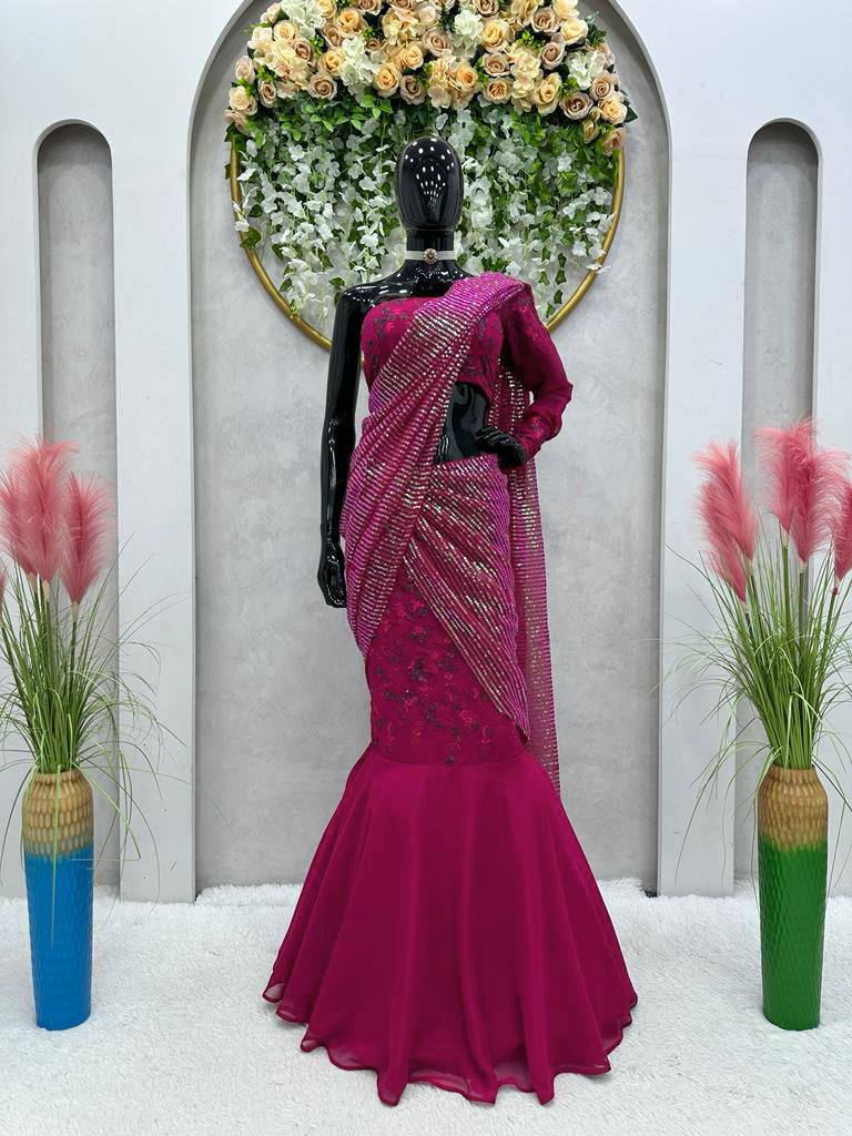Wedding Wear Wine Color Georgette Sequence Thread Work Lehenga Saree