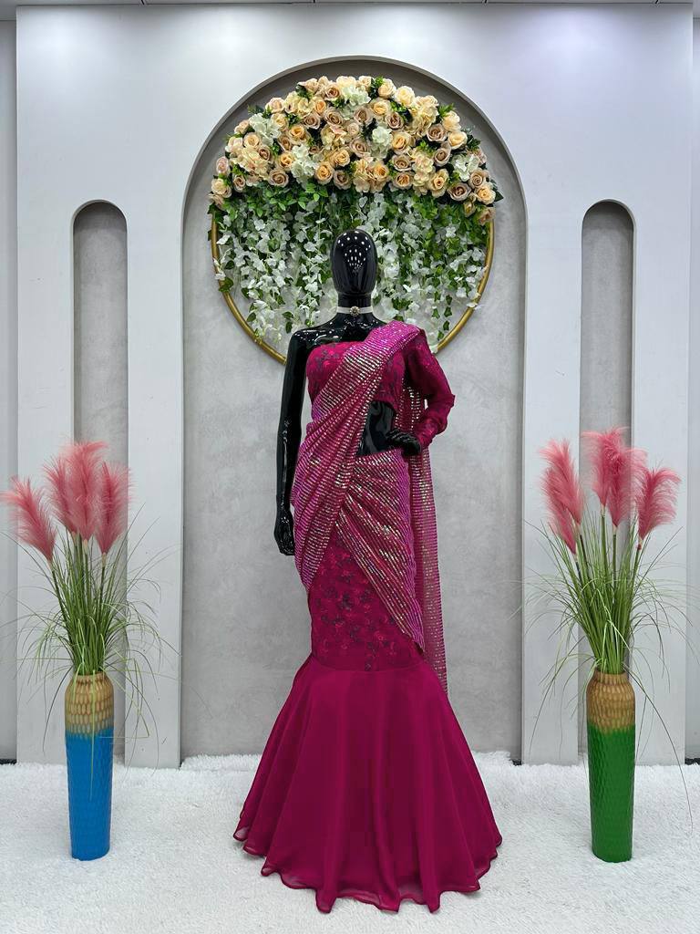 Wedding Wear Wine Color Georgette Sequence Thread Work Lehenga Saree