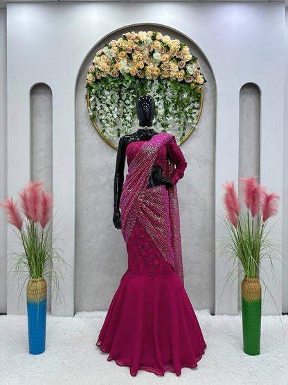 Wedding Wear Wine Color Georgette Sequence Thread Work Lehenga Saree