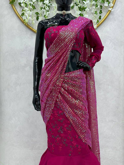 Wedding Wear Wine Color Georgette Sequence Thread Work Lehenga Saree