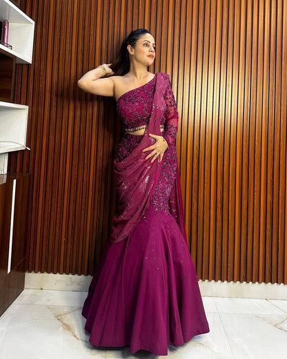 Wedding Wear Wine Color Georgette Sequence Thread Work Lehenga Saree