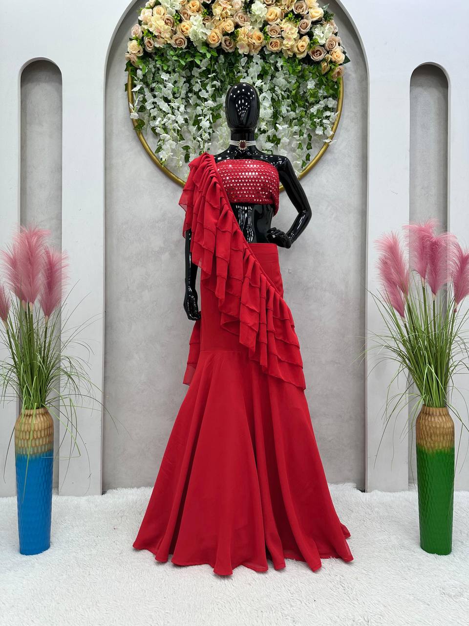 Wedding Wear Read Color Georgette Sequence Ruffle Work Lehenga Saree