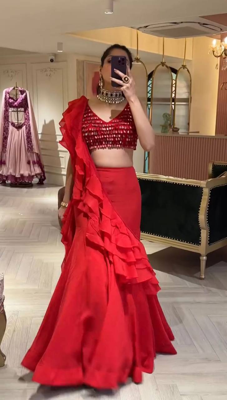 Wedding Wear Read Color Georgette Sequence Ruffle Work Lehenga Saree