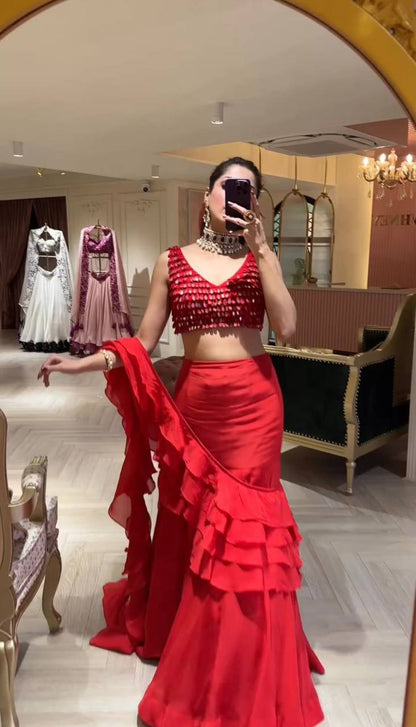 Wedding Wear Read Color Georgette Sequence Ruffle Work Lehenga Saree