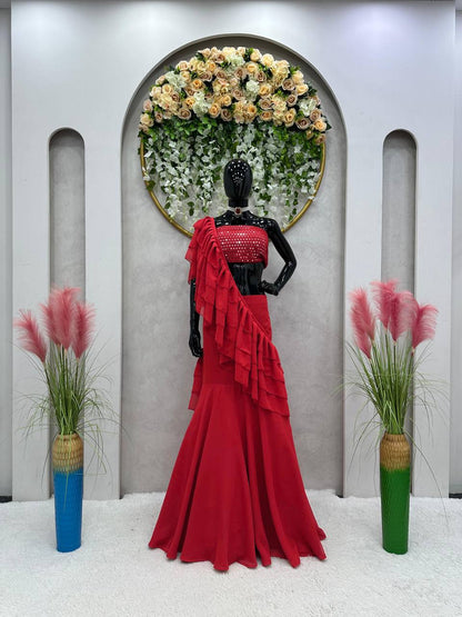 Wedding Wear Read Color Georgette Sequence Ruffle Work Lehenga Saree