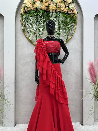 Wedding Wear Read Color Georgette Sequence Ruffle Work Lehenga Saree