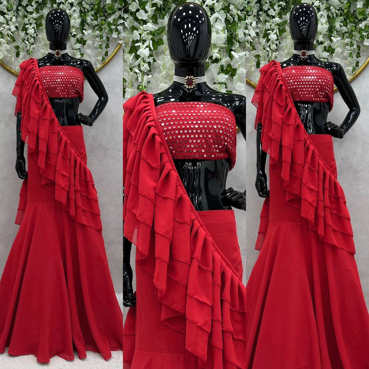Wedding Wear Read Color Georgette Sequence Ruffle Work Lehenga Saree
