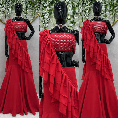 Wedding Wear Read Color Georgette Sequence Ruffle Work Lehenga Saree