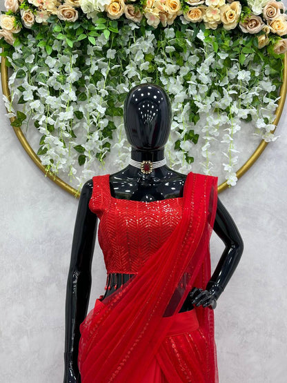 Party Wear Red Color Ready To Wear Georgette Net Sequence Work Lehenga Saree