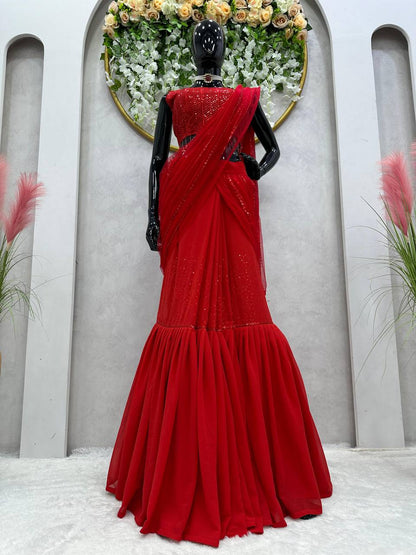 Party Wear Red Color Ready To Wear Georgette Net Sequence Work Lehenga Saree