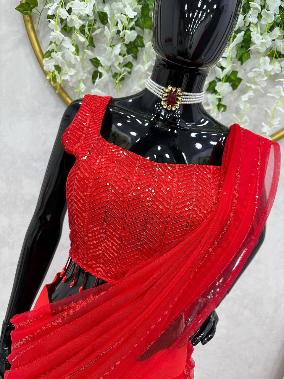 Party Wear Red Color Ready To Wear Georgette Net Sequence Work Lehenga Saree