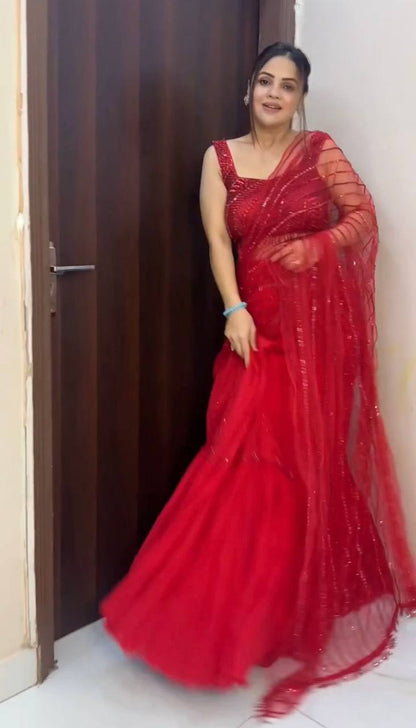 Party Wear Red Color Ready To Wear Georgette Net Sequence Work Lehenga Saree