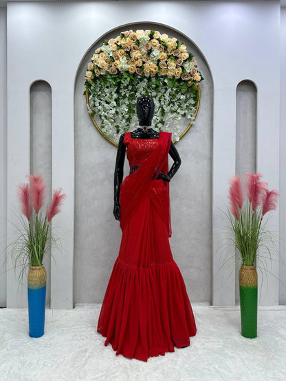 Party Wear Red Color Ready To Wear Georgette Net Sequence Work Lehenga Saree